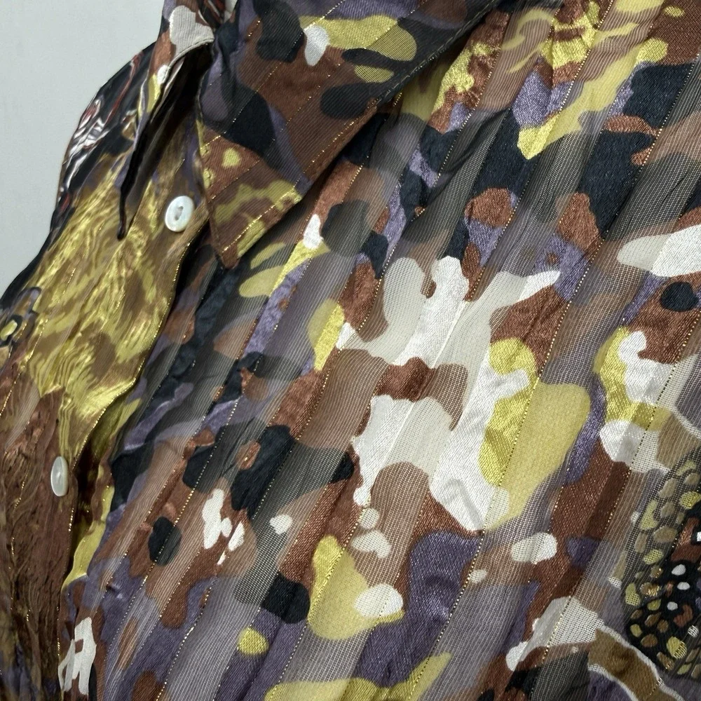 Belissimo New York XL Sheer Crinkle Blouse Metallic Abstract Print NWT‎ Top Boho